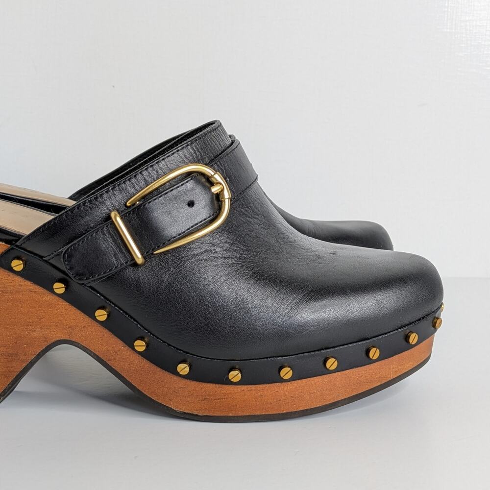 Veronica Beard Hendrix Platform Clogs 9 Black Leather Wood Heel Slip On Mules - Picture 4 of 16